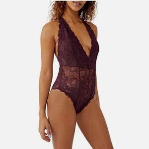 NWT Free People Everyday Lace Bodysuit Plum Jam Purple Deep V
